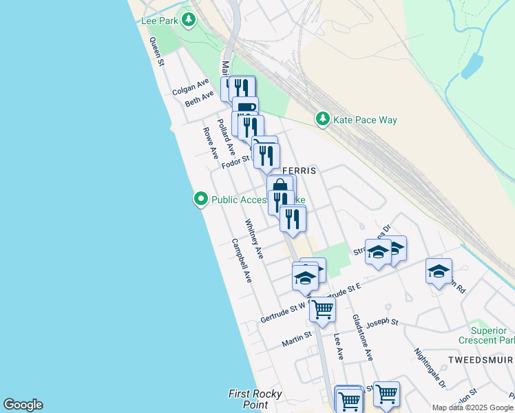 map of restaurants, bars, coffee shops, grocery stores, and more near 87 Nelson Avenue in North Bay