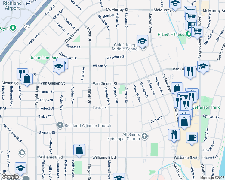 map of restaurants, bars, coffee shops, grocery stores, and more near 1108 Van Giesen Street in Richland