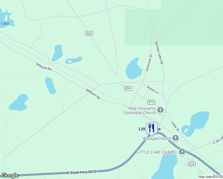 map of restaurants, bars, coffee shops, grocery stores, and more near County Road EOO in Skandia