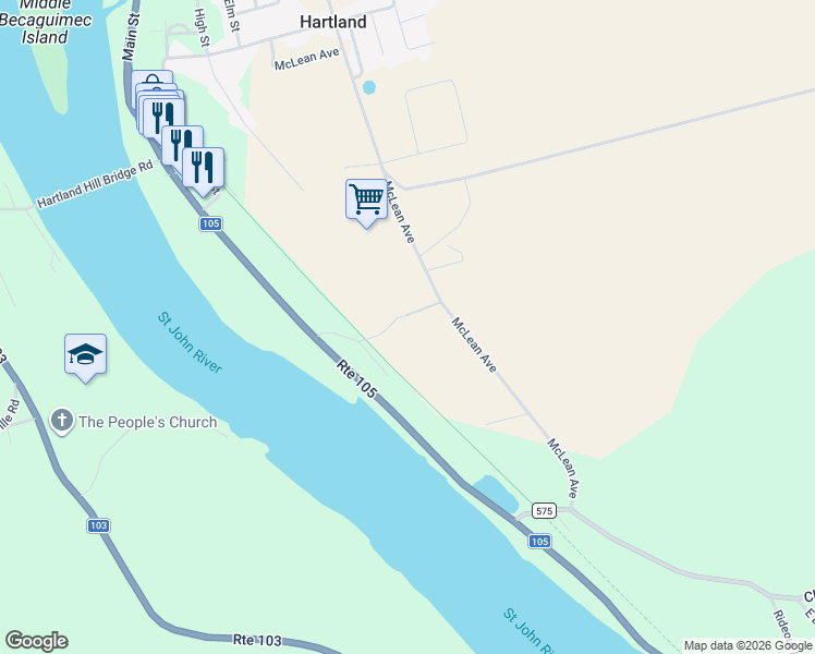 map of restaurants, bars, coffee shops, grocery stores, and more near 52 McMullin Road in Hartland