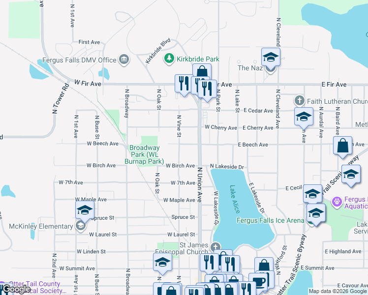 map of restaurants, bars, coffee shops, grocery stores, and more near 930 North Vine Street in Fergus Falls