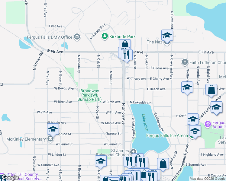 map of restaurants, bars, coffee shops, grocery stores, and more near 930 North Vine Street in Fergus Falls