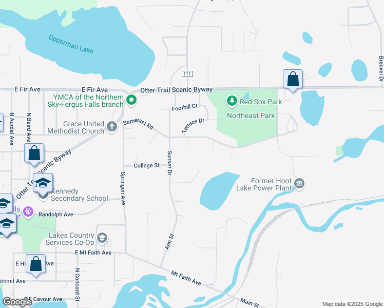 map of restaurants, bars, coffee shops, grocery stores, and more near 918 North Dahl Street in Fergus Falls