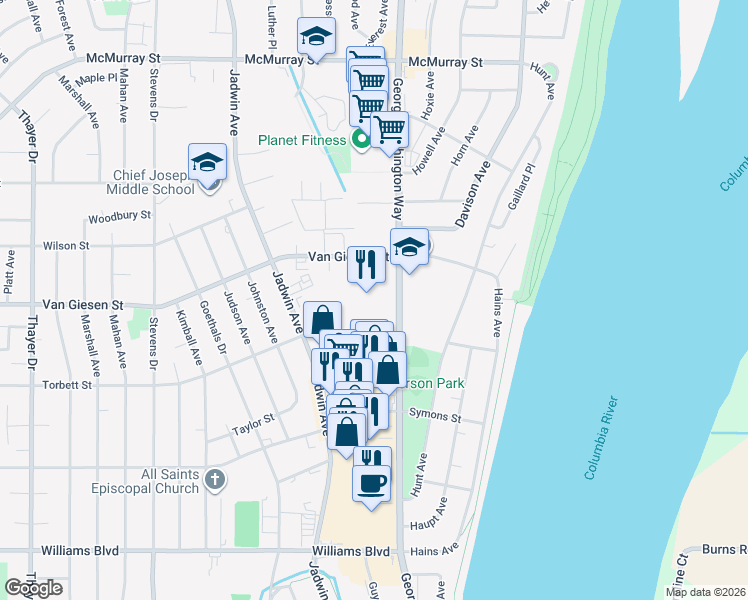 map of restaurants, bars, coffee shops, grocery stores, and more near 1515 George Washington Way in Richland