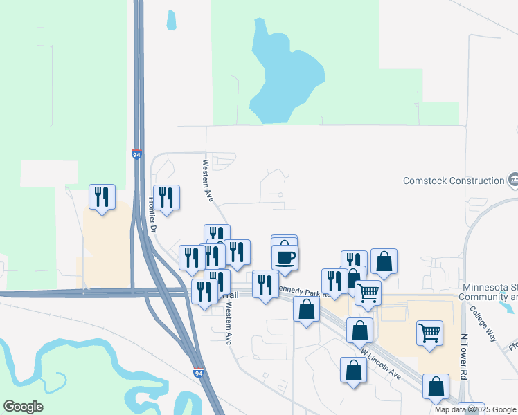 map of restaurants, bars, coffee shops, grocery stores, and more near 2387 Pioneer Road in Fergus Falls