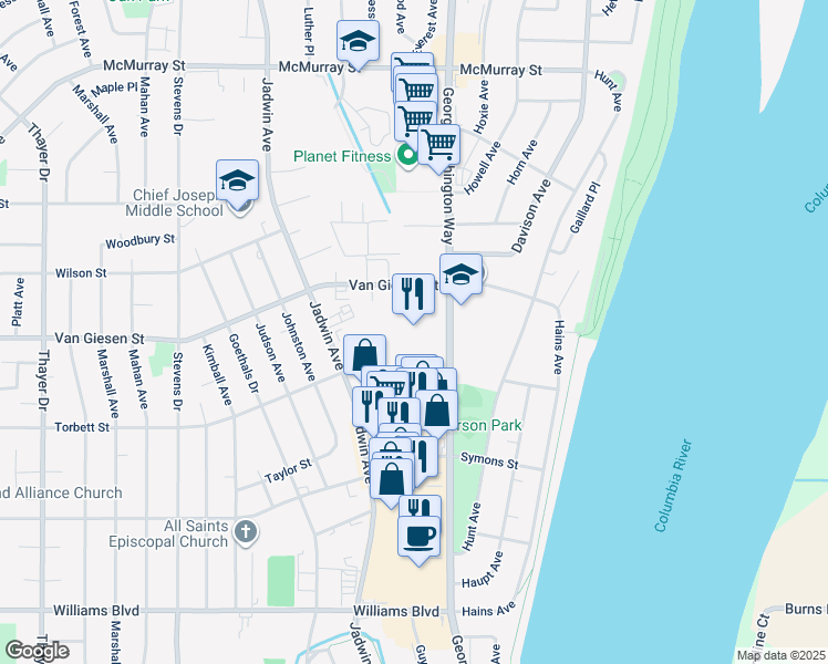 map of restaurants, bars, coffee shops, grocery stores, and more near 1515 George Washington Way in Richland