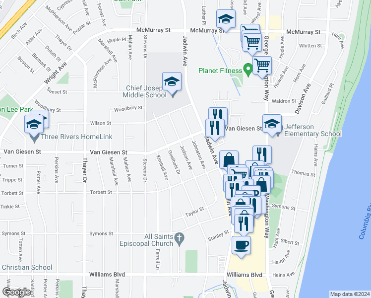 map of restaurants, bars, coffee shops, grocery stores, and more near 1524 Judson Avenue in Richland