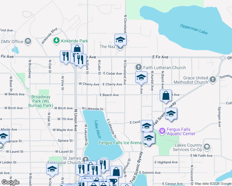 map of restaurants, bars, coffee shops, grocery stores, and more near 209 East Beech Avenue in Fergus Falls