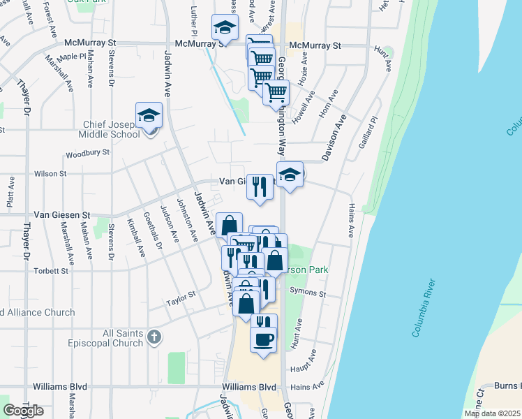 map of restaurants, bars, coffee shops, grocery stores, and more near 1515 George Washington Way in Richland