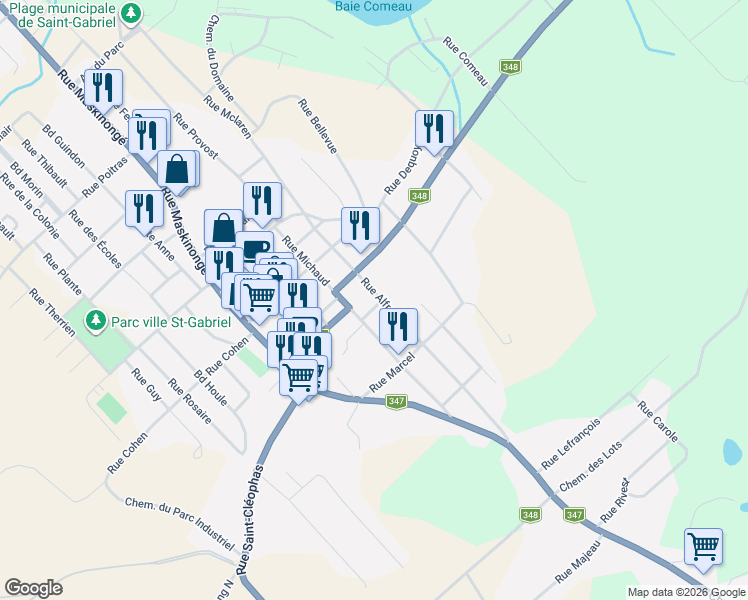 map of restaurants, bars, coffee shops, grocery stores, and more near 148 Rue Alfred in Saint-Gabriel-de-Brandon