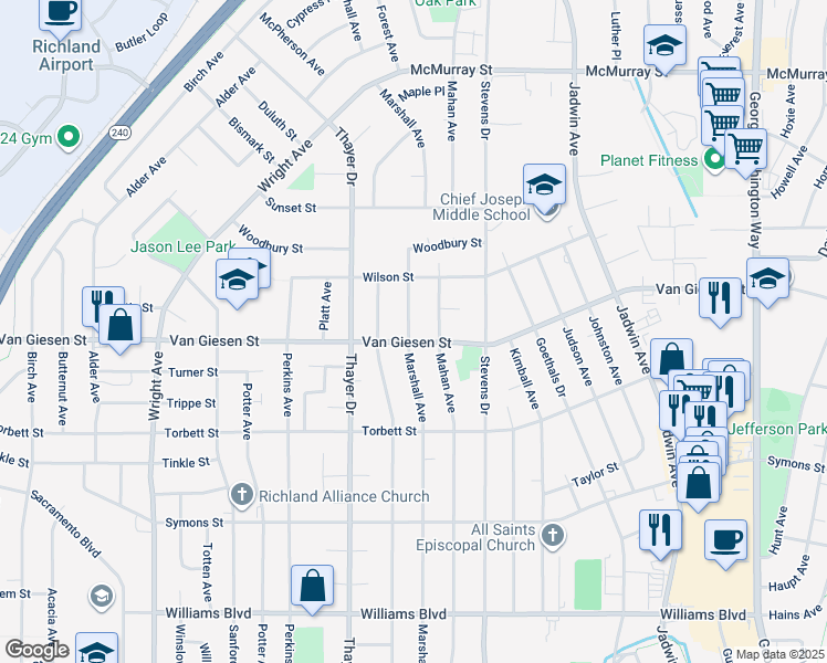 map of restaurants, bars, coffee shops, grocery stores, and more near 1108 Van Giesen Street in Richland