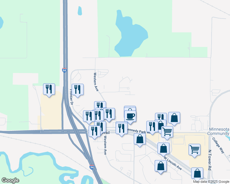 map of restaurants, bars, coffee shops, grocery stores, and more near Pioneer Road in Fergus Falls