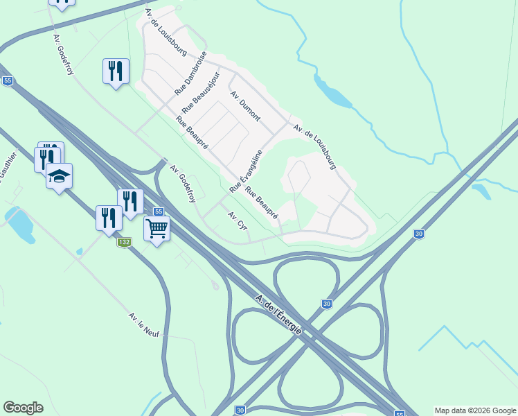 map of restaurants, bars, coffee shops, grocery stores, and more near 17930 Rue Beaupré in Bécancour