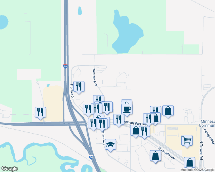 map of restaurants, bars, coffee shops, grocery stores, and more near 2500 Pioneer Road in Fergus Falls