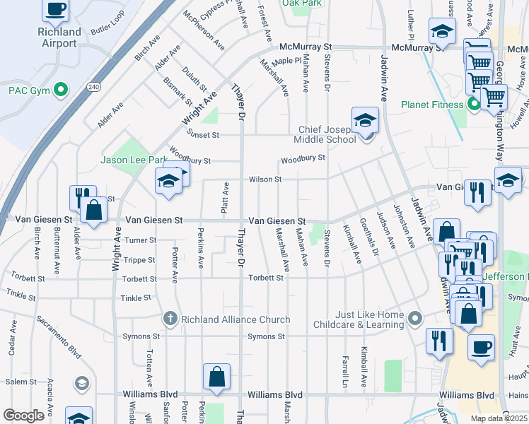 map of restaurants, bars, coffee shops, grocery stores, and more near 1531-1599 McPherson Avenue in Richland