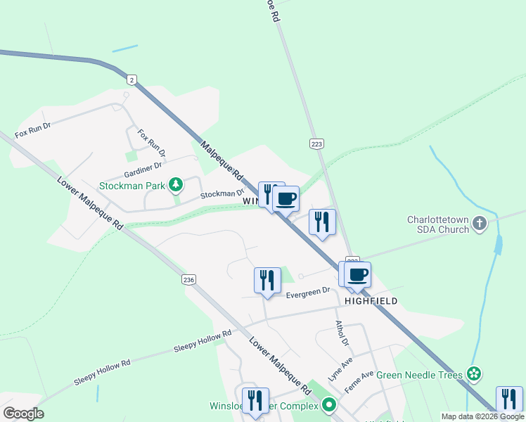 map of restaurants, bars, coffee shops, grocery stores, and more near 545 Malpeque Road in Charlottetown