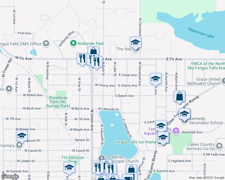 map of restaurants, bars, coffee shops, grocery stores, and more near 1013 North Lake Street in Fergus Falls