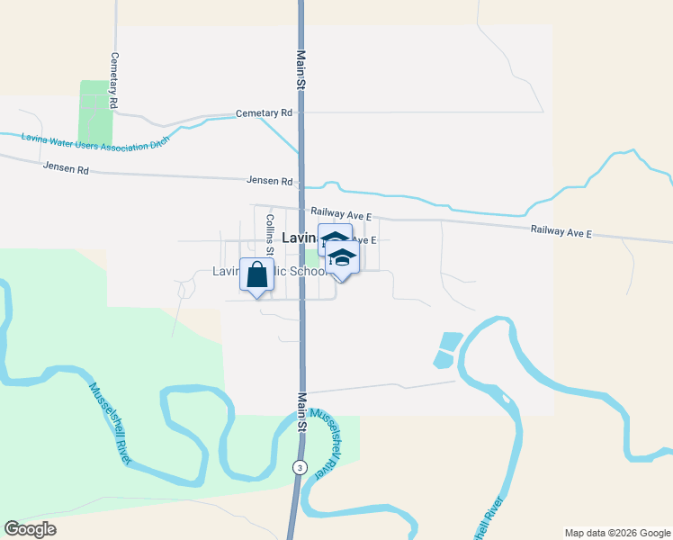 map of restaurants, bars, coffee shops, grocery stores, and more near 214 1st Street East in Lavina