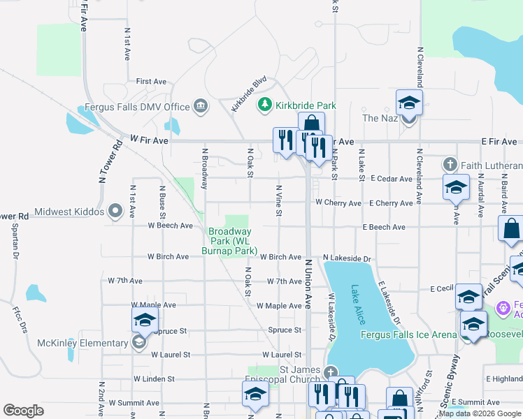 map of restaurants, bars, coffee shops, grocery stores, and more near 426 West Cherry Avenue in Fergus Falls