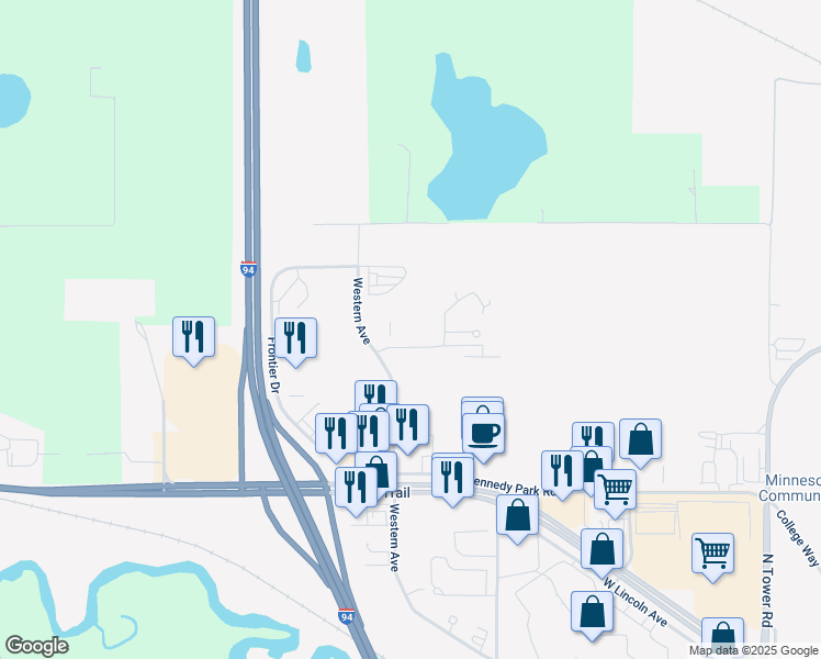 map of restaurants, bars, coffee shops, grocery stores, and more near 2500 Pioneer Road in Fergus Falls