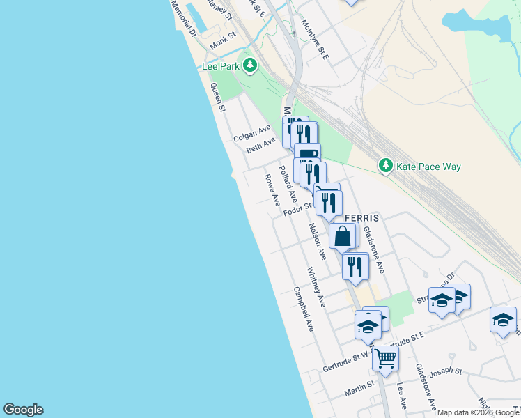 map of restaurants, bars, coffee shops, grocery stores, and more near 27 Shore Acres Boulevard in North Bay