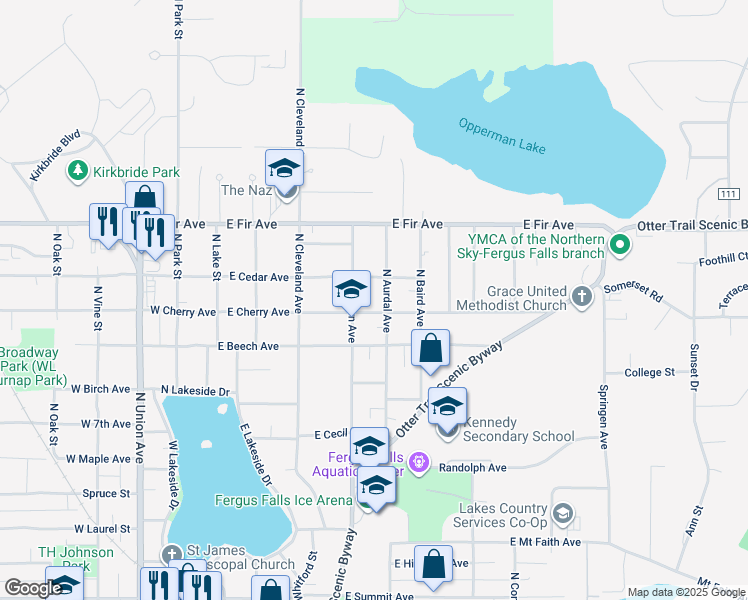 map of restaurants, bars, coffee shops, grocery stores, and more near 1113 North Aurdal Avenue in Fergus Falls