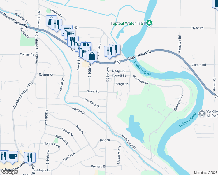 map of restaurants, bars, coffee shops, grocery stores, and more near 676 South 38th Avenue in West Richland