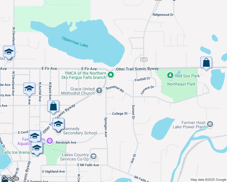 map of restaurants, bars, coffee shops, grocery stores, and more near 1120 Somerset Road in Fergus Falls