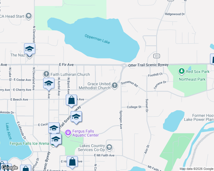 map of restaurants, bars, coffee shops, grocery stores, and more near 1145 Friberg Avenue in Fergus Falls