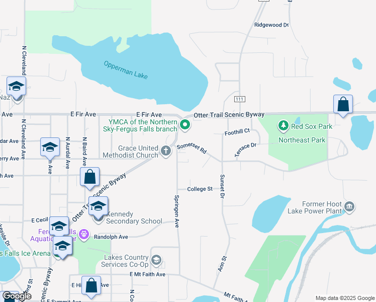 map of restaurants, bars, coffee shops, grocery stores, and more near 1120 Somerset Road in Fergus Falls