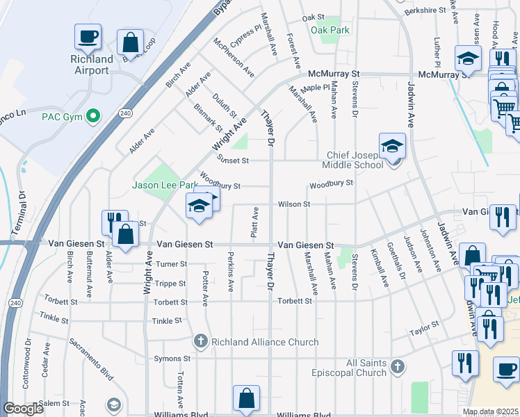 map of restaurants, bars, coffee shops, grocery stores, and more near 1615 Thayer Drive in Richland