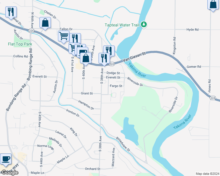 map of restaurants, bars, coffee shops, grocery stores, and more near 3695 Fargo Street in Richland