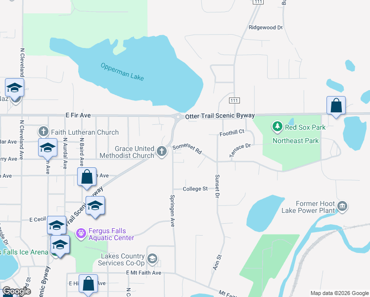 map of restaurants, bars, coffee shops, grocery stores, and more near 1120 Somerset Road in Fergus Falls