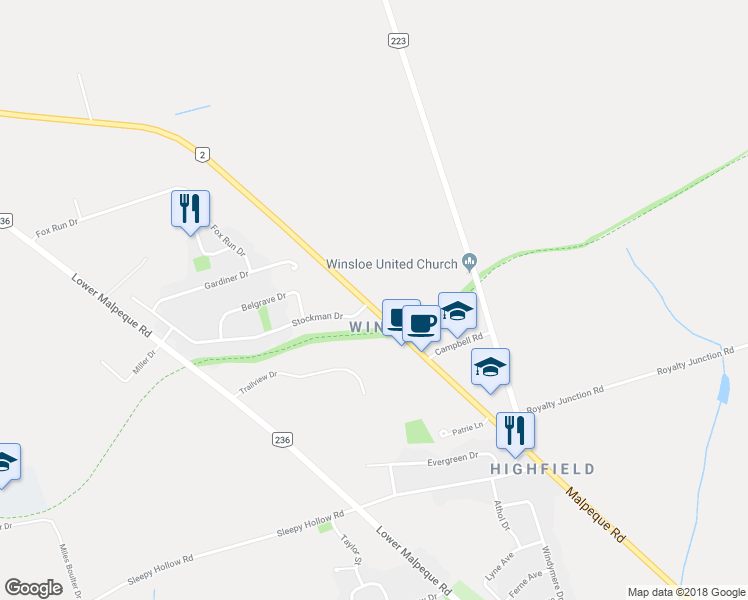 map of restaurants, bars, coffee shops, grocery stores, and more near 566 Malpeque Road in Charlottetown