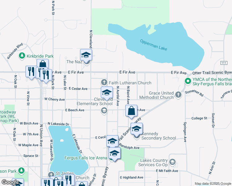 map of restaurants, bars, coffee shops, grocery stores, and more near 1113 North Aurdal Avenue in Fergus Falls