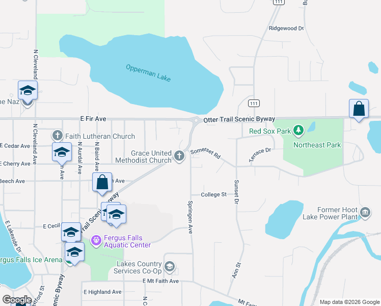 map of restaurants, bars, coffee shops, grocery stores, and more near 1120 Somerset Road in Fergus Falls