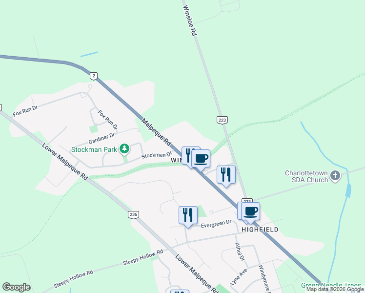 map of restaurants, bars, coffee shops, grocery stores, and more near 566 Malpeque Road in Charlottetown