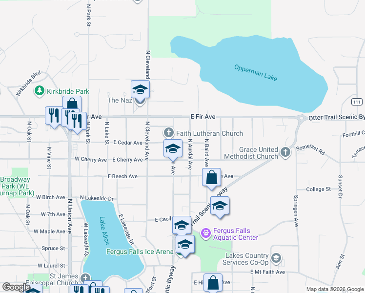 map of restaurants, bars, coffee shops, grocery stores, and more near 414 East Cedar Avenue in Fergus Falls