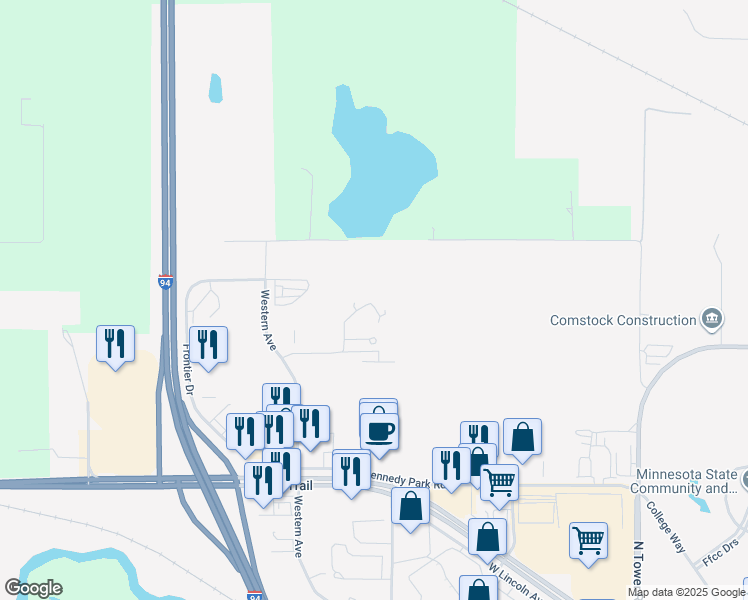 map of restaurants, bars, coffee shops, grocery stores, and more near 1124 Village Circle in Fergus Falls