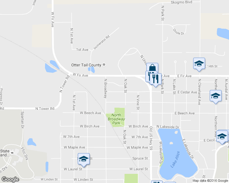 map of restaurants, bars, coffee shops, grocery stores, and more near 554 West Cedar Avenue in Fergus Falls