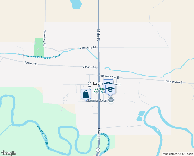 map of restaurants, bars, coffee shops, grocery stores, and more near 23 Main Street in Lavina