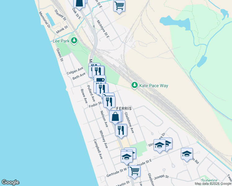 map of restaurants, bars, coffee shops, grocery stores, and more near in North Bay