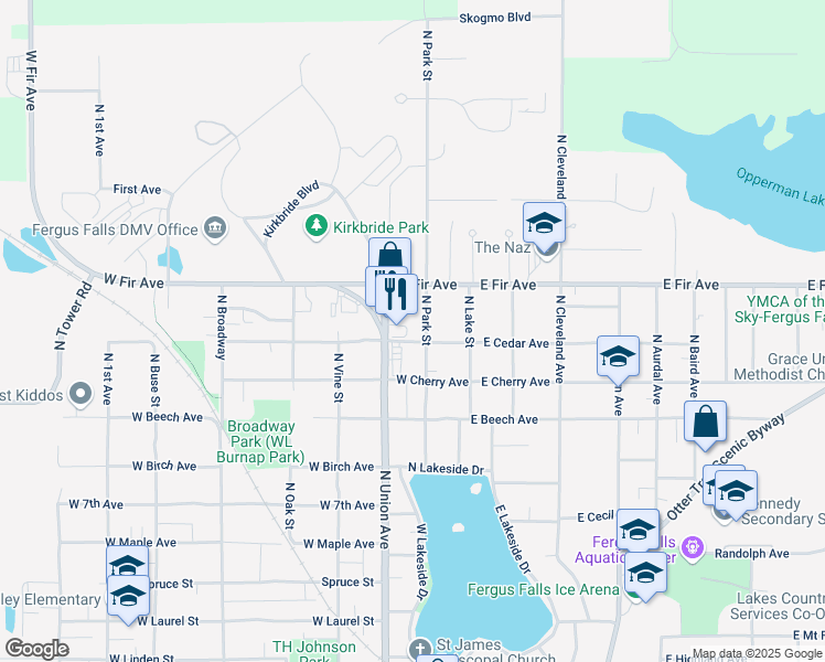 map of restaurants, bars, coffee shops, grocery stores, and more near 1223 North Park Street in Fergus Falls