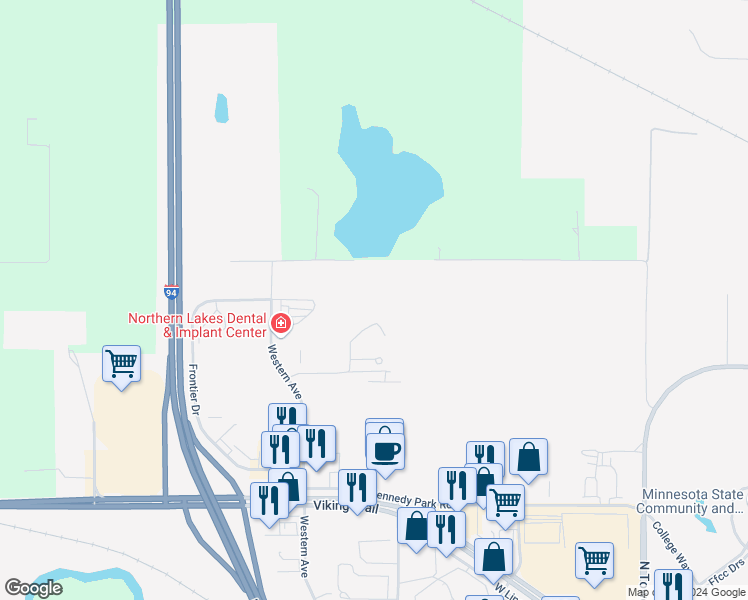 map of restaurants, bars, coffee shops, grocery stores, and more near 1124 Village Circle in Fergus Falls
