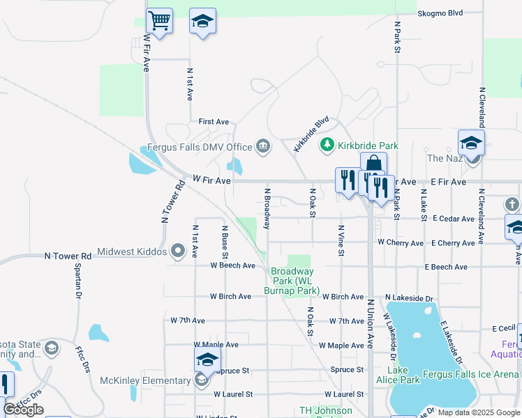 map of restaurants, bars, coffee shops, grocery stores, and more near 1236 West View Avenue in Fergus Falls