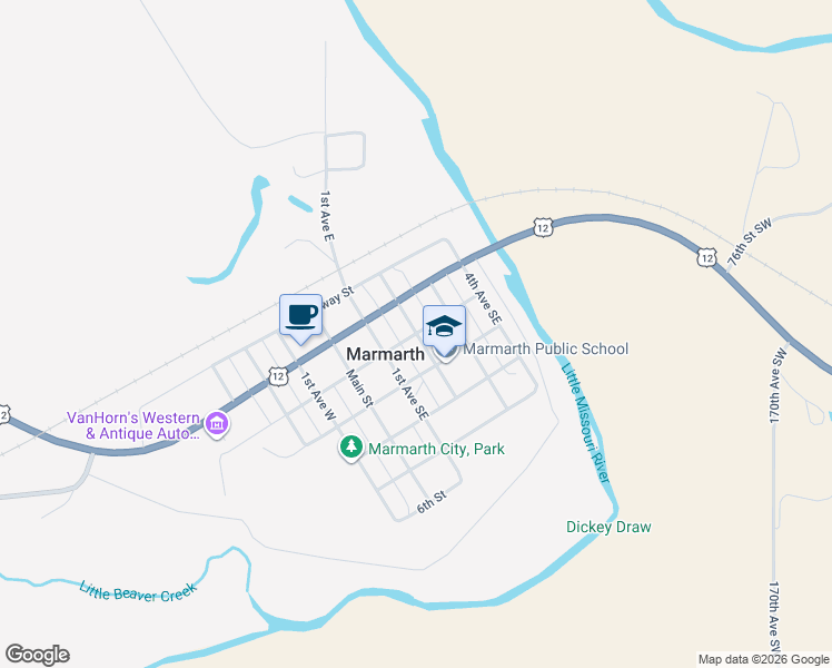 map of restaurants, bars, coffee shops, grocery stores, and more near 102-104 2nd Avenue East in Marmarth