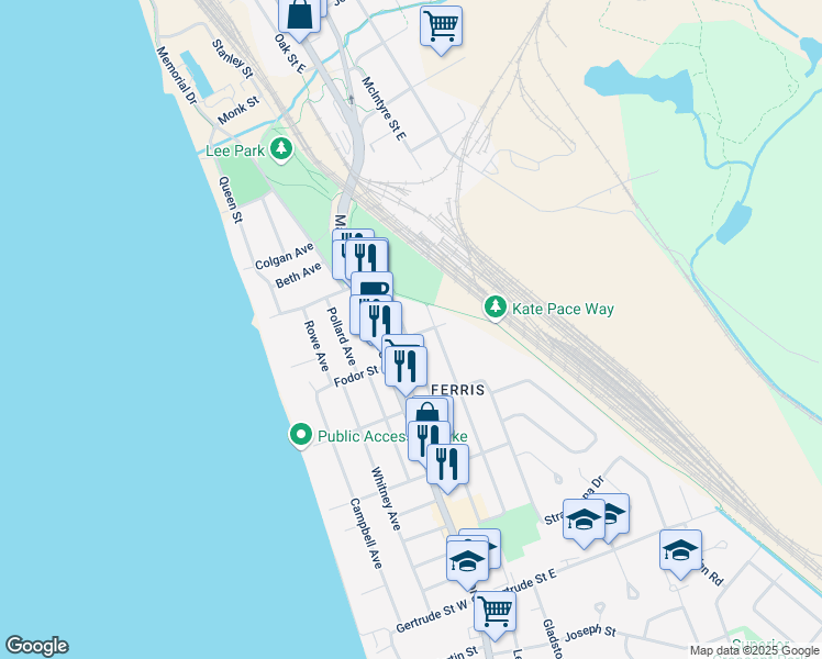 map of restaurants, bars, coffee shops, grocery stores, and more near 34 Lee Avenue in North Bay