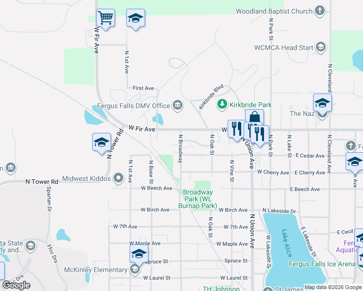 map of restaurants, bars, coffee shops, grocery stores, and more near 220 West Washington Avenue in Fergus Falls