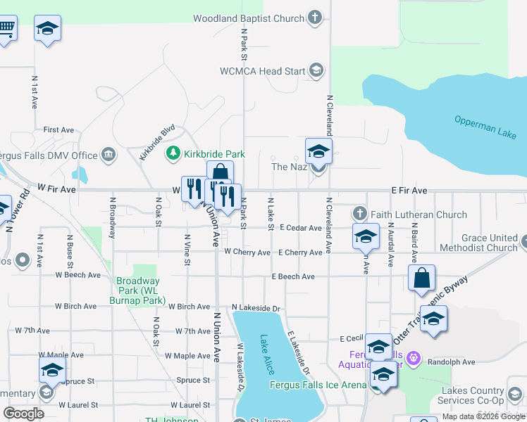 map of restaurants, bars, coffee shops, grocery stores, and more near 1223 North Lake Street in Fergus Falls