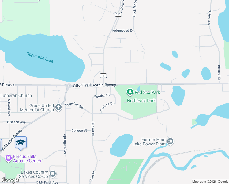 map of restaurants, bars, coffee shops, grocery stores, and more near 1224 Lenore Way in Fergus Falls